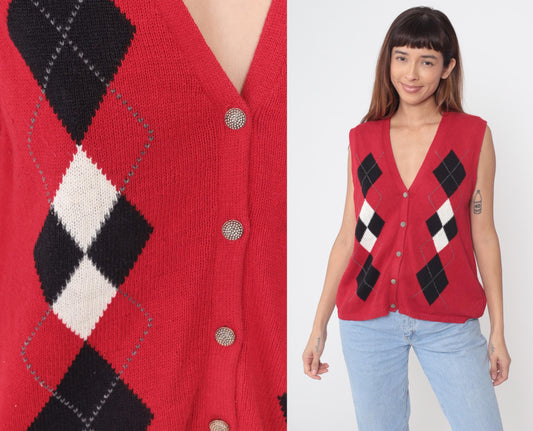 Sag Harbor Argyle Sweater Vest Red Black V-Neck Button Front Medium M