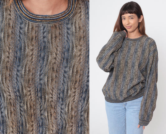 90s Jhane Barnes Knit Sweater Striped Crew Neck Earth Tone Large