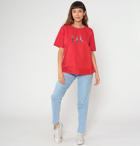 90s Cowboy Boot Embroidered Cotton T-Shirt Red Graphic Tee Medium M