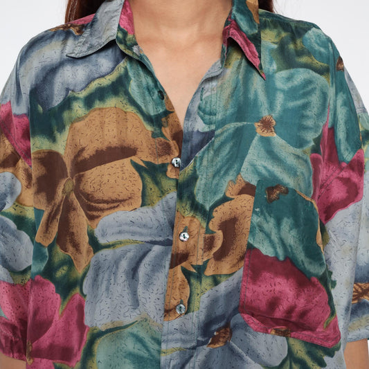 90s Silk Hawaiian Shirt Floral Print Teal Pink Blue Gold Extra Large XL