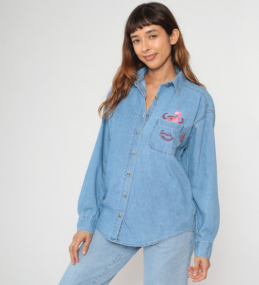 90s Disney Cheshire Cat Denim Shirt Embroidered Button Up Small