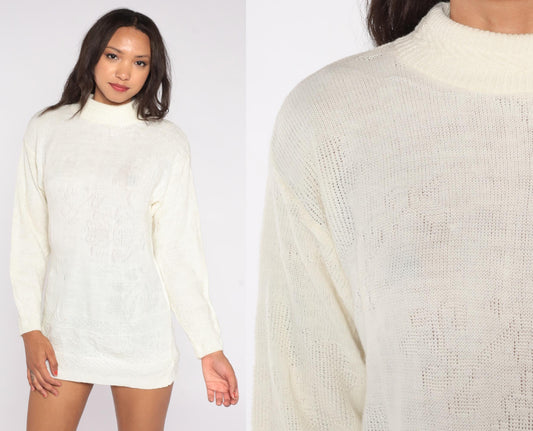 80s Village Fair Cream Mock Turtleneck Knit Sweater Small S