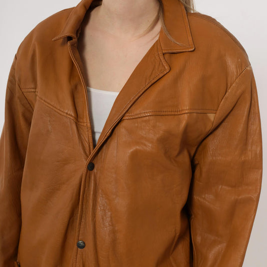80s Camel Leather Blazer Button Front Patch Pockets Long Sleeve Large L