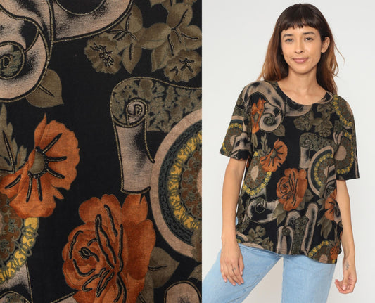 90s Jostar Floral Scroll Print T-Shirt Black Rust Orange Olive Large