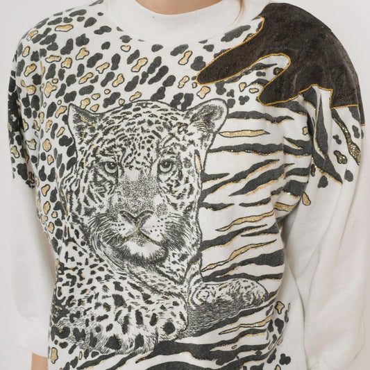 90s Leopard Animal Print Sweatshirt Gold Glitter Crewneck Cotton Large L