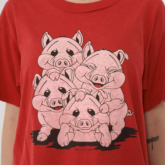 90s Screen Stars Piggies Graphic Tee Red Cartoon Pigs Cotton Large L