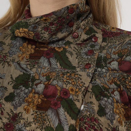 80s Michii Moon Silk Blouse Botanical Grape Print Burgundy Olive Medium