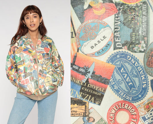 90s Travel Hotel Label Bomber Jacket Multicolor Graphic Medium Large