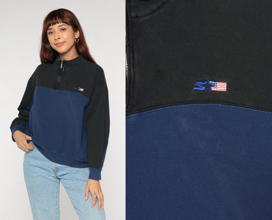 90s Starter Colorblock Quarter-Zip Sweatshirt Navy Black American Flag Extra Large