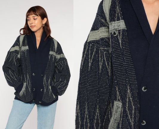 90s J Bar-Lun Navy Grey Geometric Knit Cardigan Double Breasted Large L