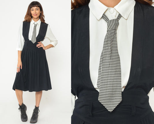 1990s Piccolino Petites Black Midi Jumper Dress Gingham Tie Attached Shirt XS