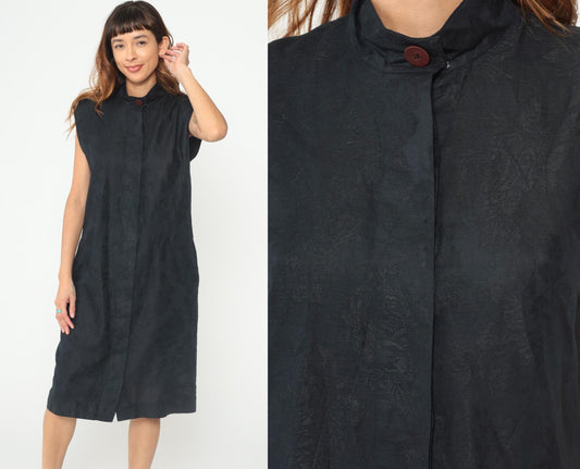 90s Albert Nipon Black Linen Mandarin Collar Midi Dress Large L