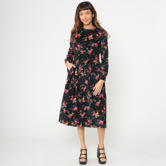90s Talbots Floral Corduroy Midi Dress Black Button Front Long Sleeve Medium
