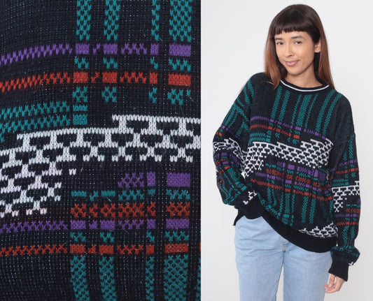 80s Weeds Tribal Geometric Sweater Black Teal Purple Crew Neck Extra Large