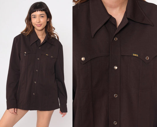 70s Lee Western Shirt Snap Button Black Pointed Collar Unisex Medium