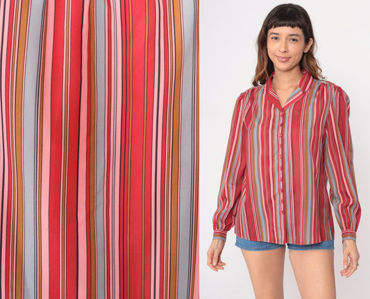 70s Pykettes Striped Button-Front Blouse Multicolor Vertical Stripes Large L