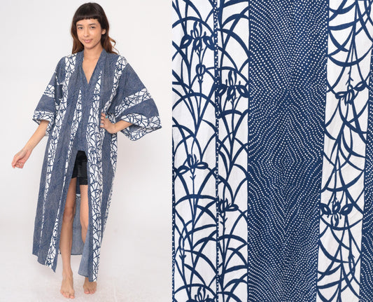 70s Navy Blue White Geometric Kimono Robe Maxi Cotton Wrap Large L