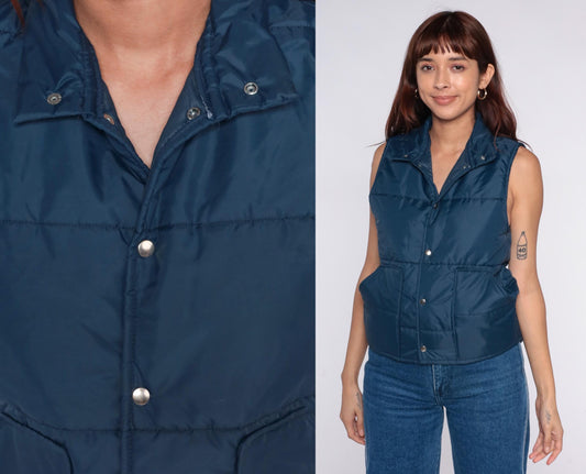 70s Pla-Jac Quilted Ski Vest Teal Snap Collar Sleeveless Medium