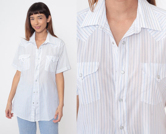 80s Panhandle Slim Western Shirt Blue Pinstripe Short Sleeve Large