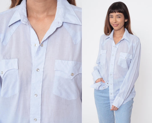 80s Western Fashions Light Blue Chambray Pearl Snap Shirt Medium