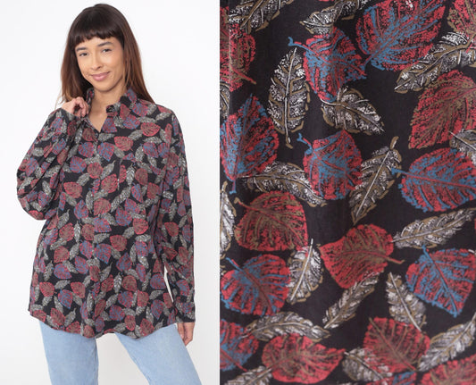 90s Henry Grethel Black Leaf Print Button-Up Shirt Cotton Extra Large
