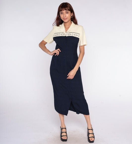 90s Dressbarn Color Block Midi Dress Cream Navy Collared Small