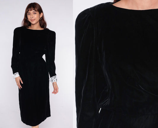 90s Black Velvet Dress White Lace Cuffs Round Neck Midi Small