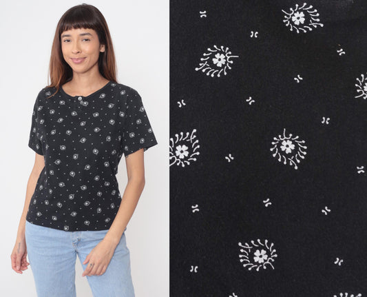 90s Liz Sport Floral Henley Top Black White Flowers Butterflies Small