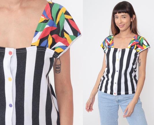 80s Lucie Ann Pattern Mix Top Stripe Geometric Colorblock Small S