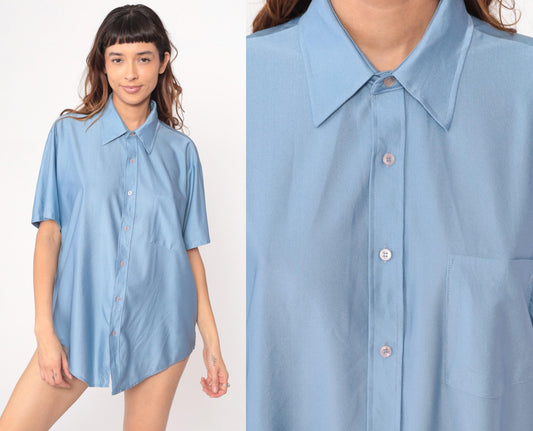 70s Van Heusen Light Blue Button-Front Shirt Short Sleeve Pointed Collar Extra Large