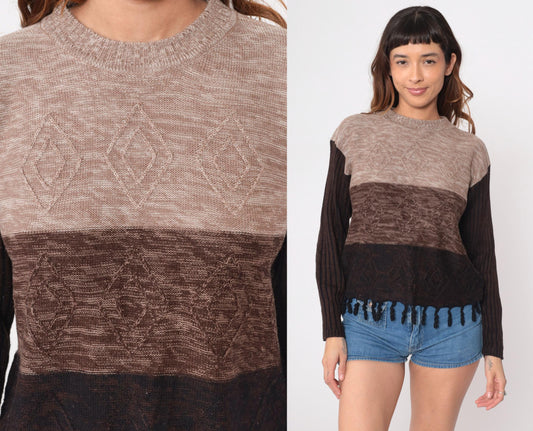 90s Color Block Striped Knit Sweater Brown Tan Fringe Hem Medium M