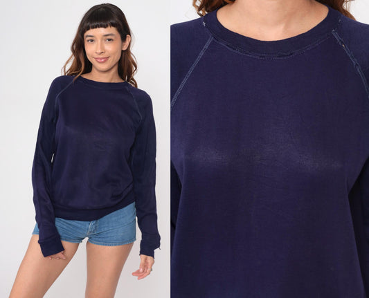 80s Navy Blue Raglan Sweatshirt Crewneck Contrast Topstitching Medium M