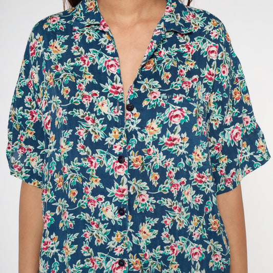 90s Partners Floral Button-Up Shirt Navy Rayon Pink Yellow Green Large L
