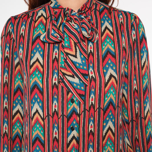 90s Regina Porter Geometric Chevron Blouse Neck Tie Multicolor Medium