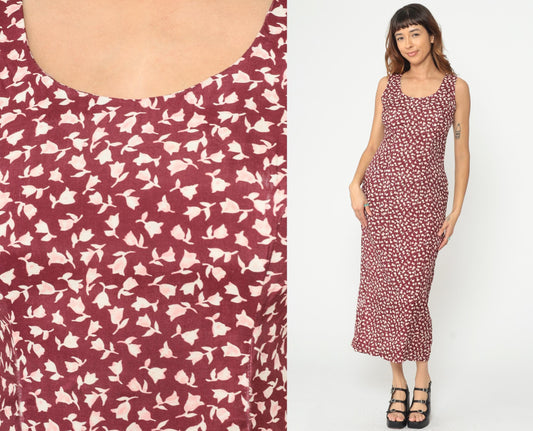 90s Burgundy Floral Midi Dress Rayon Sleeveless Scoop Neck Medium
