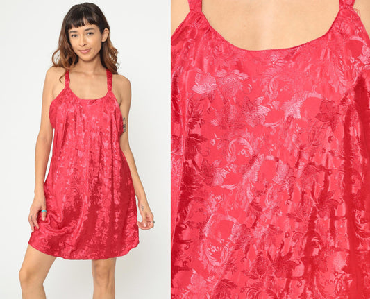 90s Red Slip Dress Embossed Floral Racerback Mini Plus Size XXL
