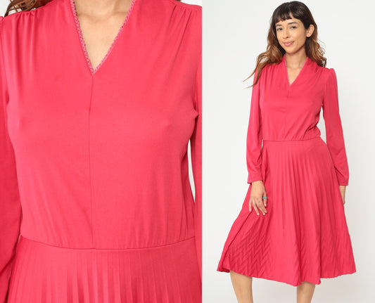 80s Tomato Red Midi Dress V-Neck Pleated Skirt Long Sleeve Medium