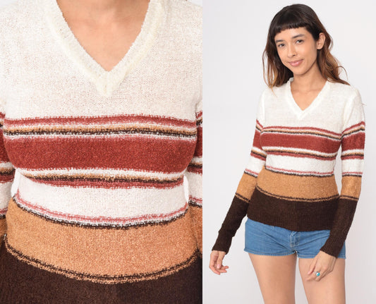 70s Striped V-Neck Pullover Sweater Cream Rust Brown Tan Small