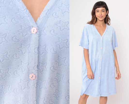80s Goodnight Celestial Housedress Moon Stars Periwinkle Blue Knee Length Large