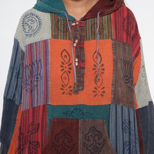 Y2K Patchwork Hoodie Block Print Cotton Button Front Medium Large