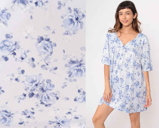 90s Blue Floral Nightgown White Peter Pan Collar Short Sleeve Plus Size XXL