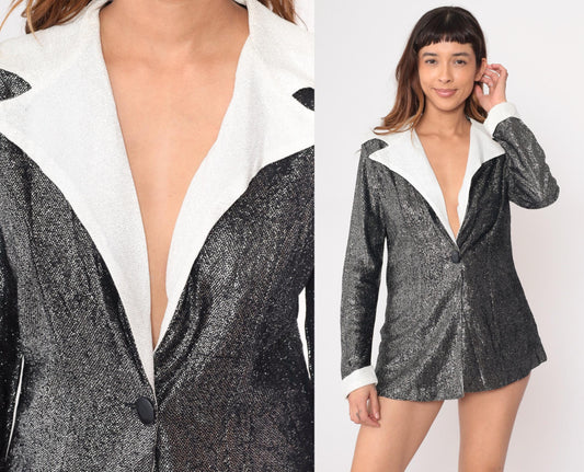 70s Fingerhut Fashions Metallic Blazer Silver White Collar Tuxedo Medium M