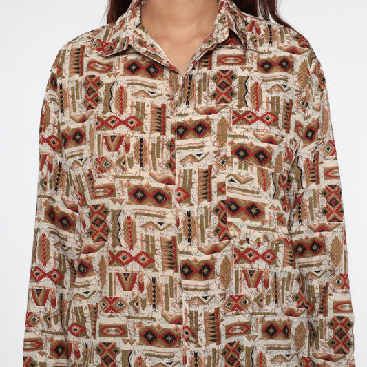 90s Tribal Geometric Button-Up Shirt Cream Rust Red Navy Olive Small