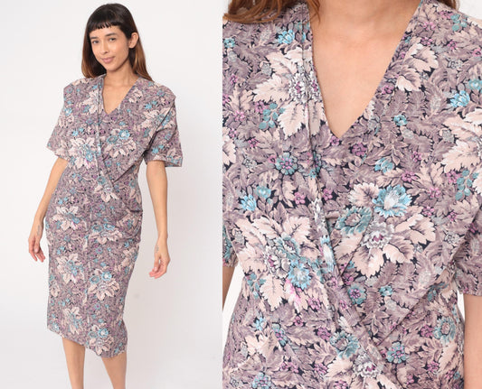 90s Pea Patch Floral Knee-Length Dress V-Neck Cotton Grey Medium