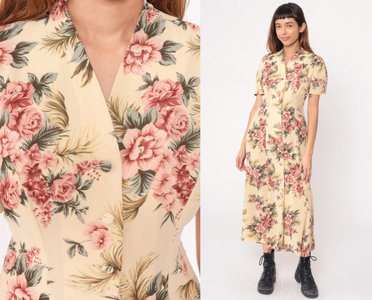 90s Yellow Floral Maxi Dress Pink Roses V-Neck Short Sleeve Medium