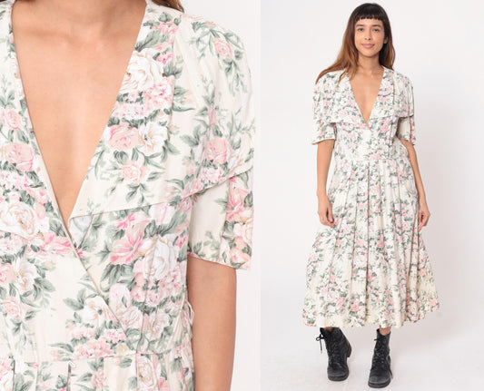 90s Jessica Ryan Floral Midi Dress Pink Rose Print Cream Flutter Sleeve Large
