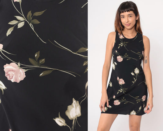 90s Sense Floral Mini Dress Black Pink Rose Keyhole Back Medium M