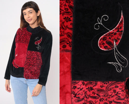 90s Erika Petite Black Velour Mock Neck Patchwork Top Red Paisley Petite Large