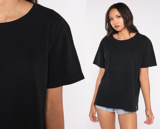90s Black Crew Neck T-Shirt Cotton Blend Minimalist Vintage Tee Large L