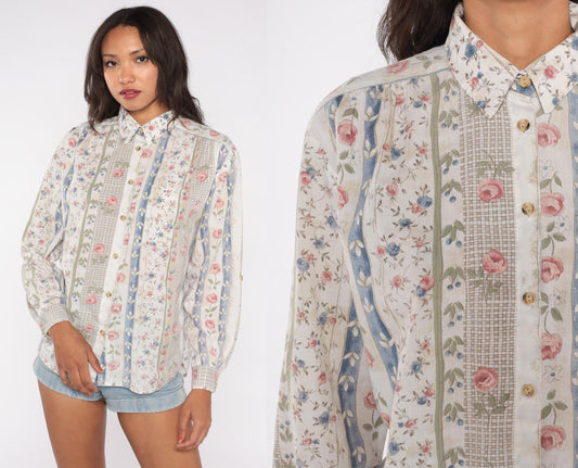 90s Floral Striped Cotton Blend Blouse Pink Blue Sage Cream Medium M